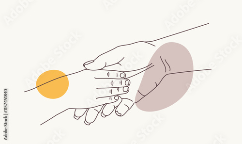 Hands in a comforting gesture, symbolizing care, support, and connection, with abstract shapes and soft earthy tones. Minimalistic line art vector illustration