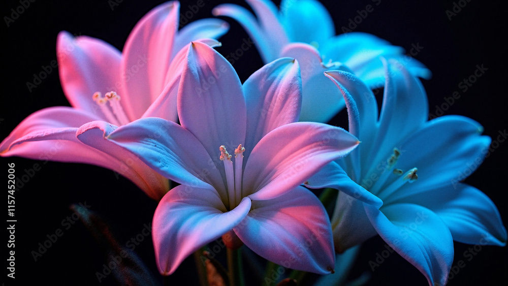 Ethereal Freesia Blooms: Neon-Lit Floral Elegance on Black for Beauty Ads, Event Promos & Artistic Designs Ethereal Freesia Blooms: Neon-Lit Floral Elegance on Black for Beauty Ads, Event Promos & Artistic Designs