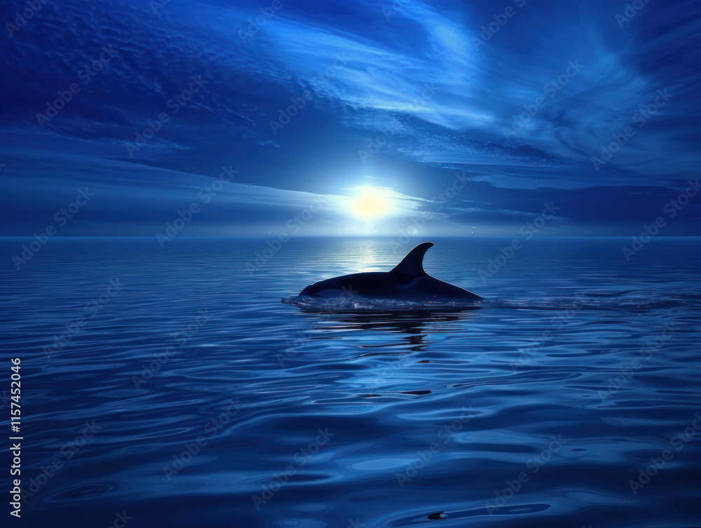 The silhouette of a whale swimming in the distance amidst deep blue ocean waters The silhouette of a whale swimming in the distance amidst deep blue ocean waters