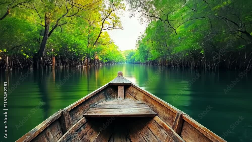 Exploring a serene river surrounded by lush greenery in a wooden boat during daytime Exploring a serene river surrounded by lush greenery in a wooden boat during daytime