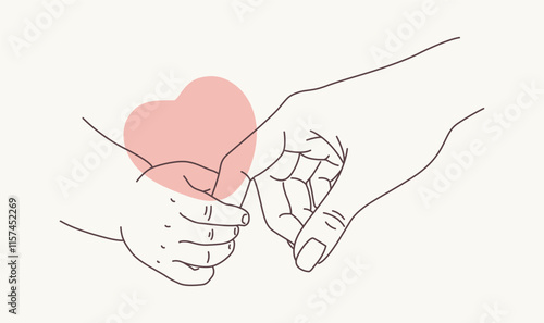 Small hand holding a larger one, symbolizing care, love, and trust, with abstract heart-shaped elements for emotional appeal. Minimalistic vector illustration