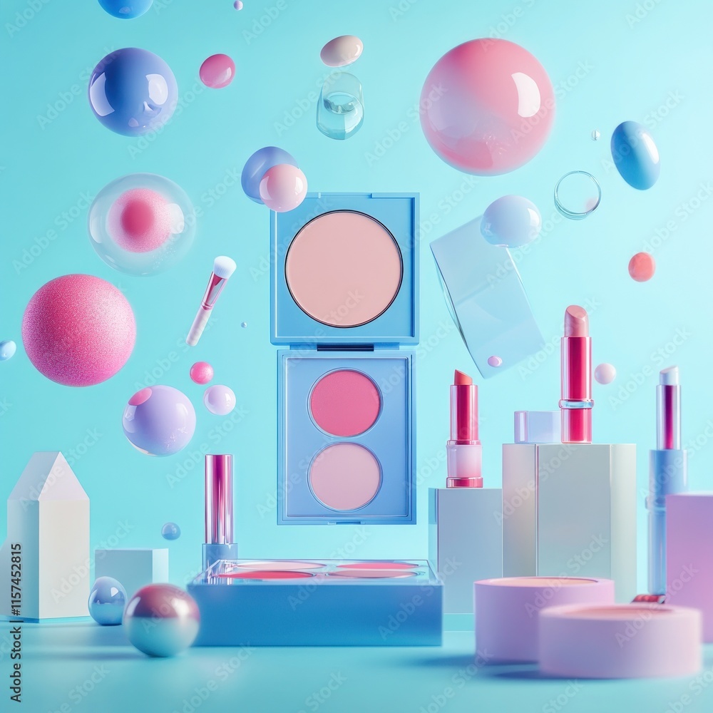 Naklejka premium Levitation makeup products & pastel spheres.