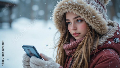 Close-up portrait of a young girl in a winter outfit, holding a smartphone outdoors in a snowy scene. Ai generated photo