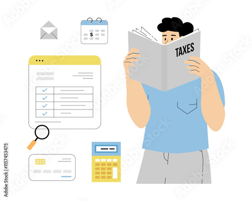 Tax payment. Data analysis, paperwork, financial research, report. Man reviewing tax ledger, accounting book. Vector illustration on isolated white background.	
