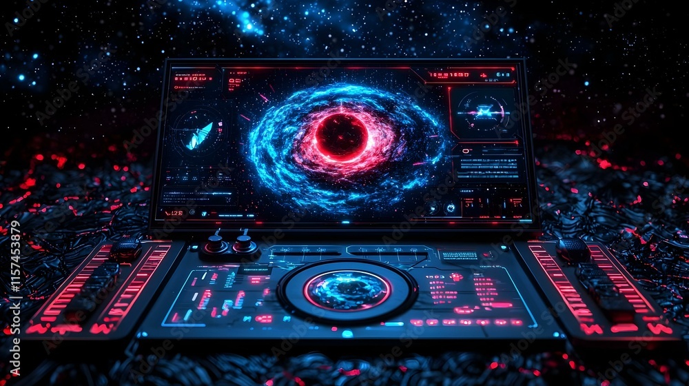 Fototapeta premium Futuristic Control Panel in Cosmic Space with Digital Displays and Glow