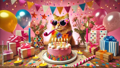 Stylish cat celebrates birthday with pink cake, gifts, and balloons