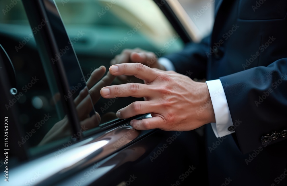 Elegant chauffeur in professional uniform opens luxury car door for VIP client. Service gesture shows hospitality, high-end care. Dedicated driver assists VIP. Formal attire, polished appearance Elegant chauffeur in professional uniform opens luxury car door for VIP client. Service gesture shows hospitality, high-end care. Dedicated driver assists VIP. Formal attire, polished appearance