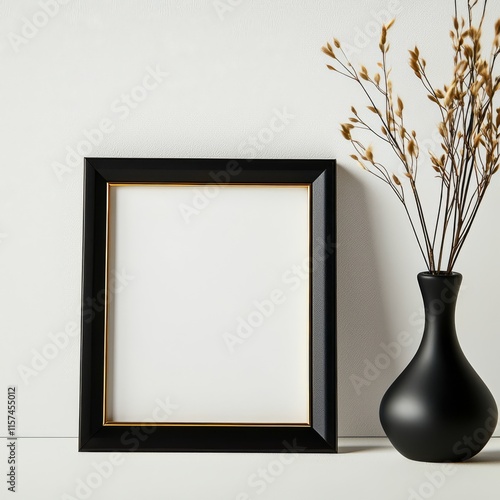 Aesthetic Still Life: A stylish, modern composition showcasing a blank picture frame alongside a sleek, black vase holding dried floral arrangements.