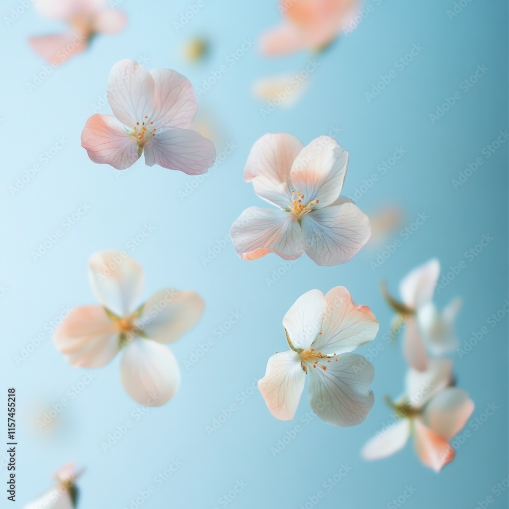 Delicate pastel blossoms floating on a light blue background. Delicate pastel blossoms floating on a light blue background.