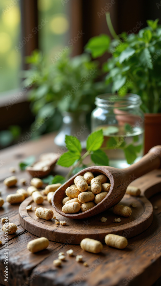 Fototapeta premium Magnesium supplement preparation on table with wooden spoon and jar of herbs.