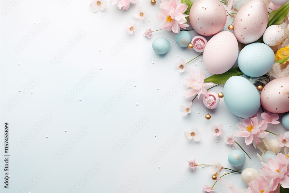 Easter flatlay mockup with pastel eggs, flowers, and festive decor on a white background. Perfect for seasonal templates, greeting designs, and creative projects. Easter flatlay mockup with pastel eggs, flowers, and festive decor on a white background. Perfect for seasonal templates, greeting designs, and creative projects.