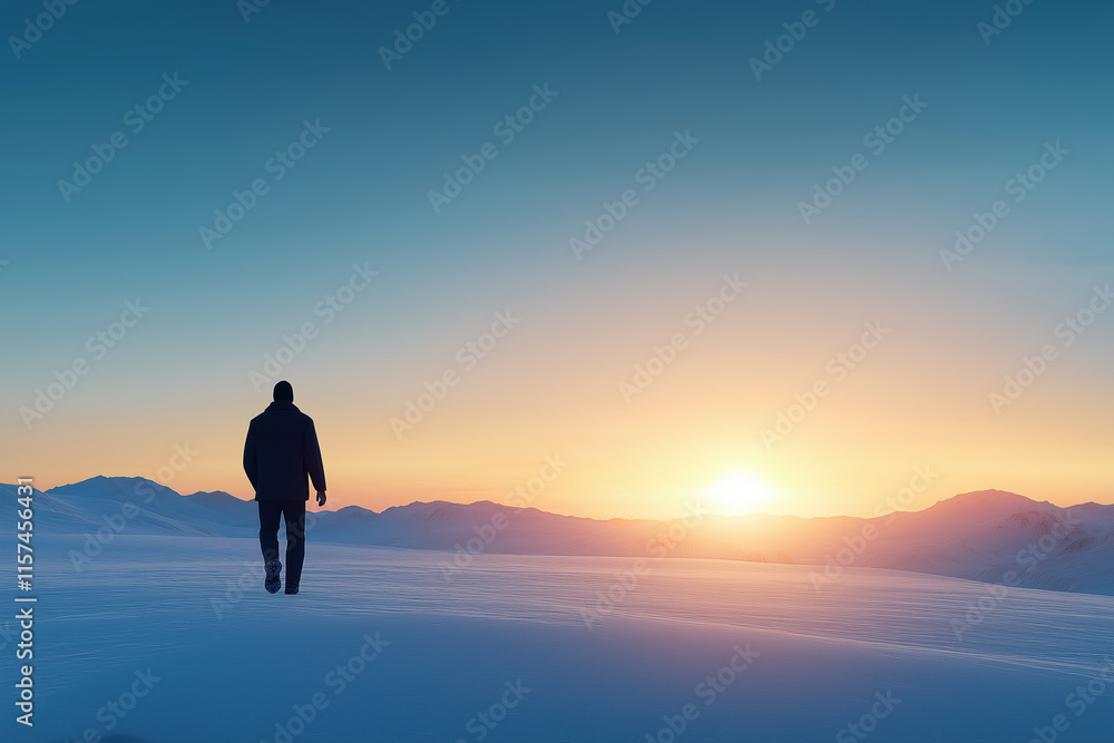 Obraz premium Solitary figure walking on snowy landscape at sunset near mountain range