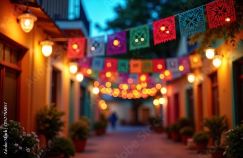 Colorful papel picado decorates night party. Festive, vibrant decorations hang from ropes. Buildings, plants line passageway. Warm lights illuminate scene. Festive atmosphere. Traditional Mexican art. photo