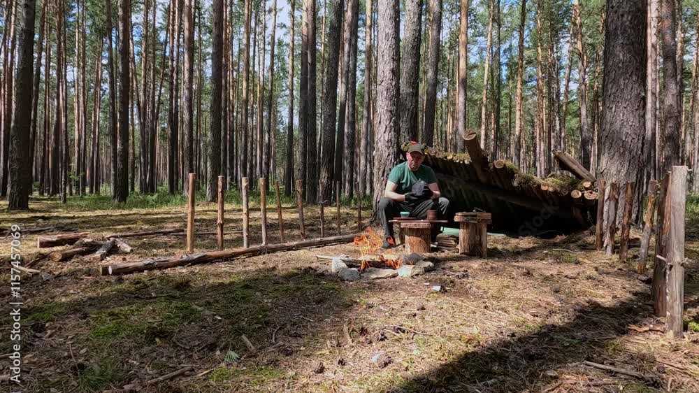A tourist drinks water from a flask in the forest near a fire A tourist drinks water from a flask in the forest near a fire