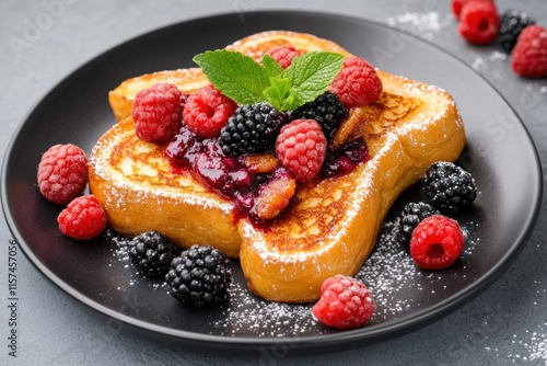 gourmet brunch options, a lavish brunch with bacon jam-filled french toast, dusted with powdered sugar and garnished with fresh berries photo