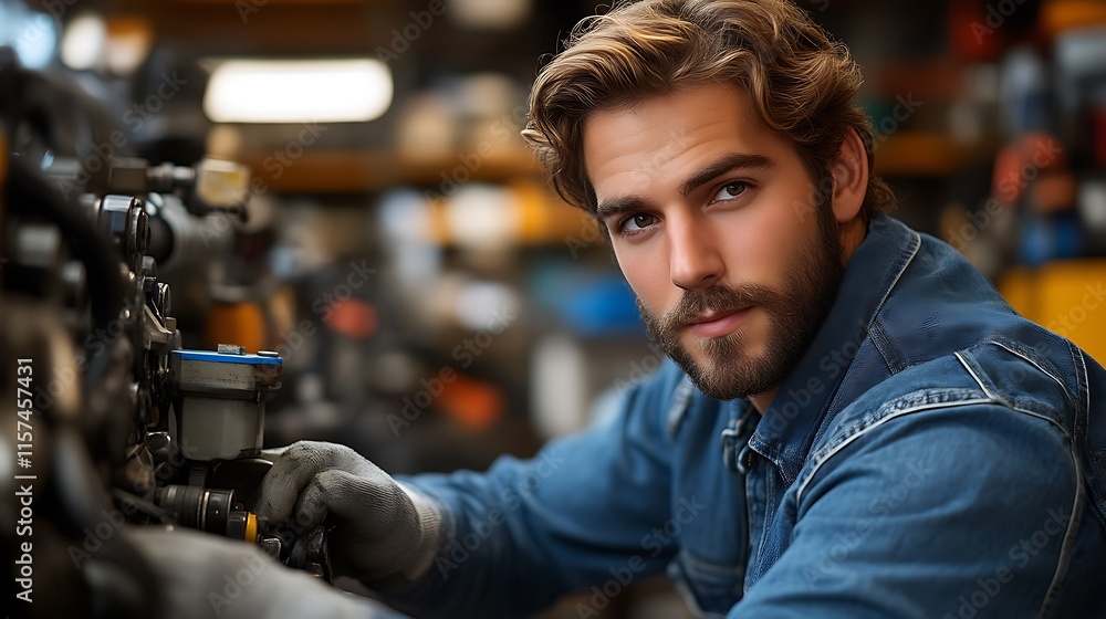 Young Mechanic Working on Engine Repair in Garage Young Mechanic Working on Engine Repair in Garage