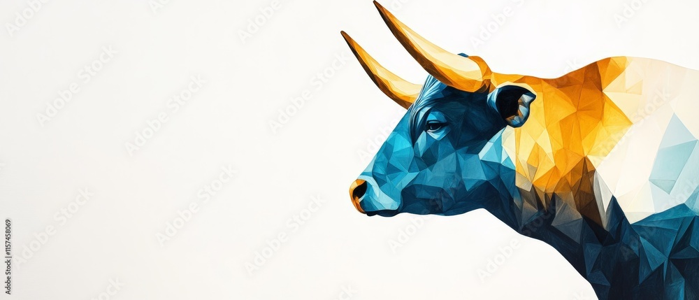 Obraz premium Colorful geometric bull illustration symbolizing stock market growth, investment trends, and financial prosperity in a modern digital economy.