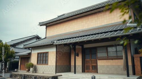 A light beige, two-story Japanese-style house with a dark gray tiled roof and dark wood accents. It features traditional sliding doors and windows. Other similar houses are visible in the background