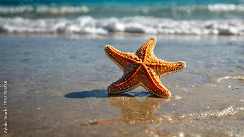 Fototapeta Naklejka Na Ścianę i Meble -  starfish and seashell on the summer beach in sea water.
