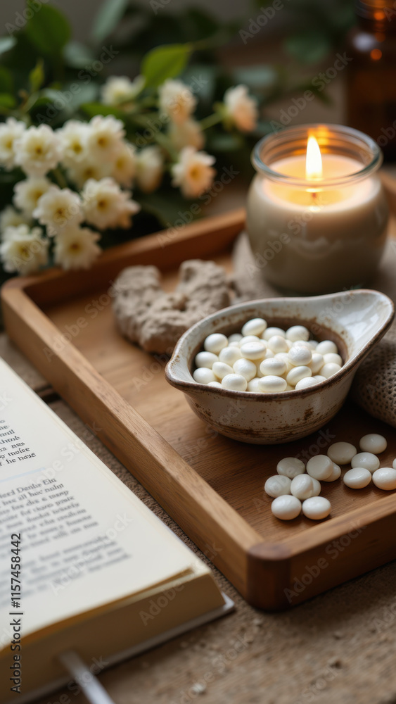 A tranquil setting with magnesium capsules on a tray surrounded by natural elements and a book. A tranquil setting with magnesium capsules on a tray surrounded by natural elements and a book.