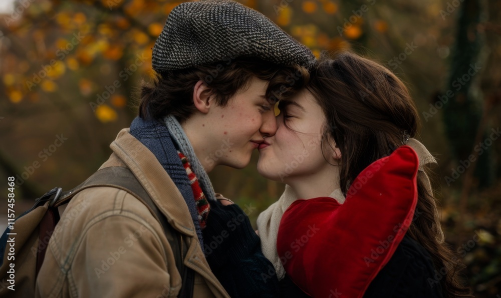 Romantic moment, couple with a big red heart in valentine photoshoot Romantic moment, couple with a big red heart in valentine photoshoot