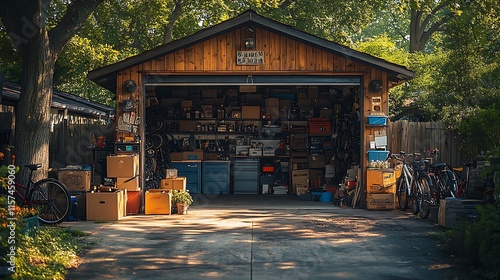 Overstuffed Wooden Garage Filled With Belongings