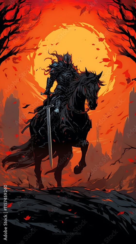 A dark knight on horseback against a fiery sunset, embodying themes of power and mystery. A dark knight on horseback against a fiery sunset, embodying themes of power and mystery.