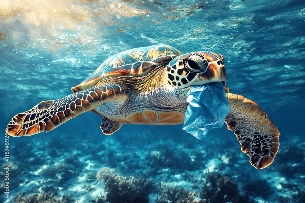 A sea turtle swimming through the clear ocean, carrying a piece of plastic waste in its mouth, highlighting the impact of pollution on marine life. A sea turtle swimming through the clear ocean, carrying a piece of plastic waste in its mouth, highlighting the impact of pollution on marine life.
