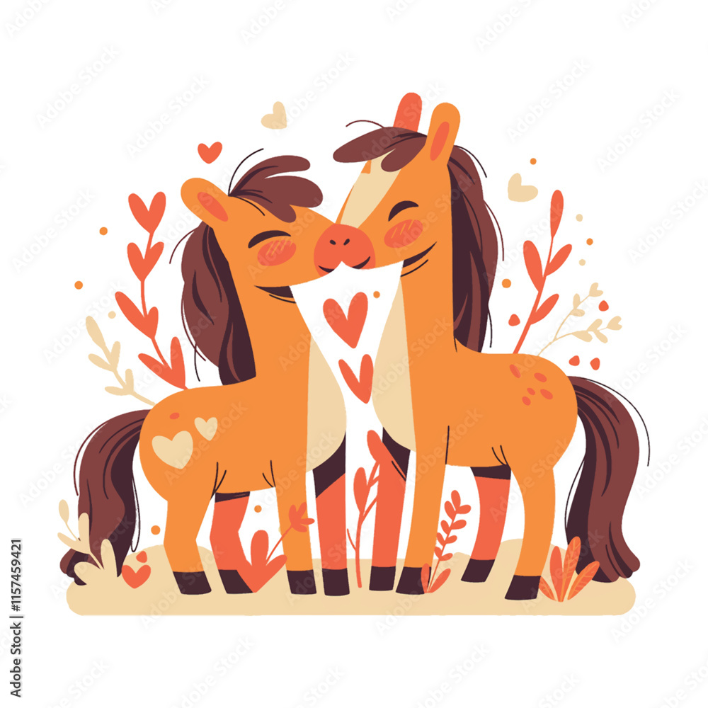 Two horses are hugging each other with hearts on their necks. The scene is a cute and heartwarming illustration Two horses are hugging each other with hearts on their necks. The scene is a cute and heartwarming illustration