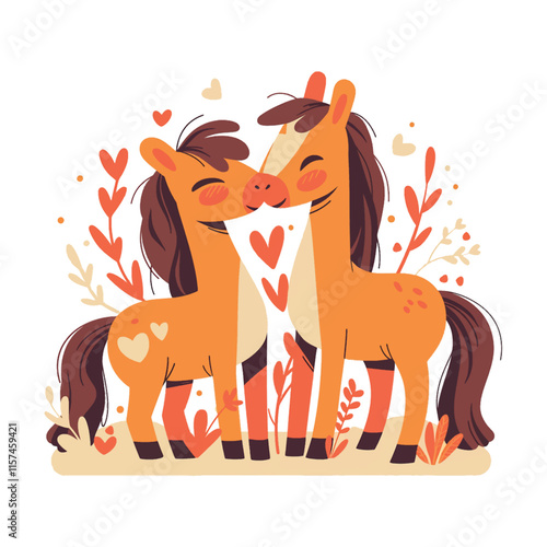 Two horses are hugging each other with hearts on their necks. The scene is a cute and heartwarming illustration