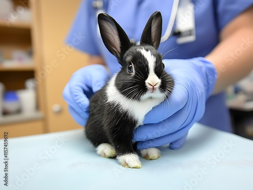 Veterinarian Examining Black and White Bunny with Gentle Gloved Hands photo