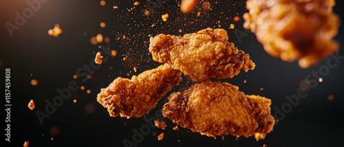 Crispy fried chicken wings falling against a dark background. Delicious and mouthwatering snack for events, parties, or casual dining experiences. photo