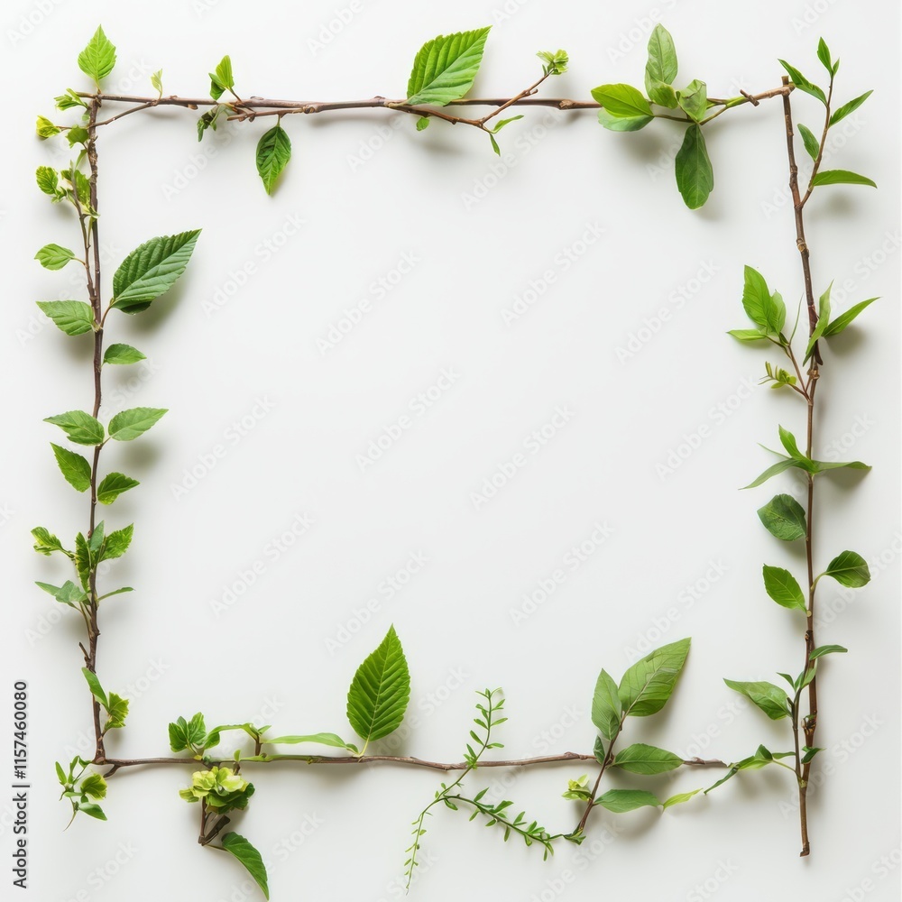 Naklejka premium Green Frame of Nature: A square frame crafted from delicate twigs and vibrant green leaves, creating a natural border perfect for showcasing text or images.