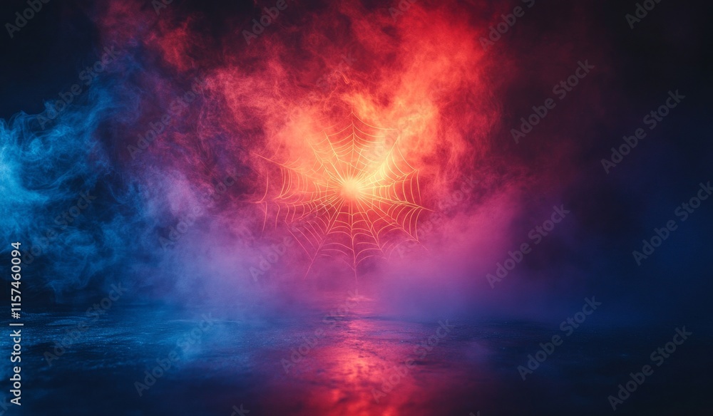 Fototapeta premium A colorful blend of red, blue, and purple smoke creating a glowing, mysterious atmosphere, with a central glowing design in the fog.