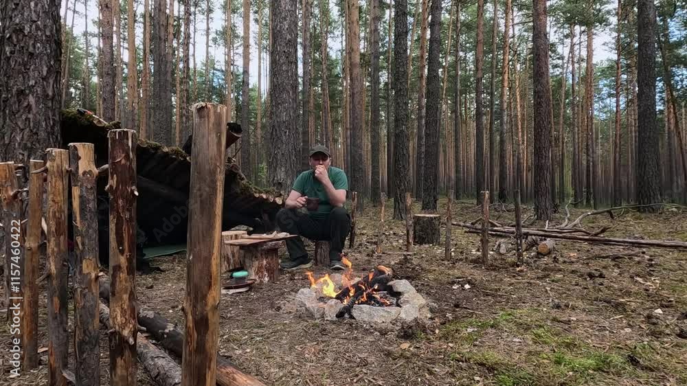 Man drinking tea by the fire in nature Man drinking tea by the fire in nature