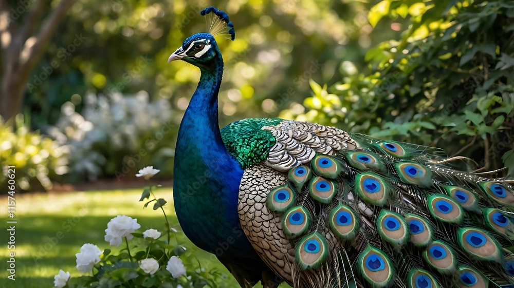 Obraz premium Majestic Peacock in a Garden Setting