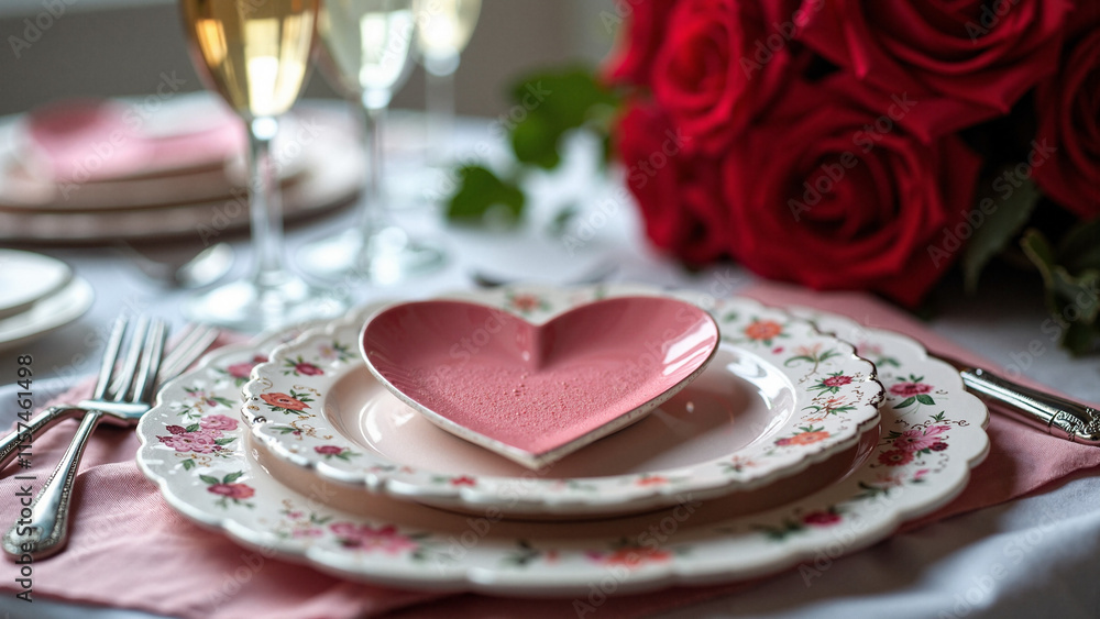 Elegant Valentine's Day Table Setting: Heart-Shaped Plate, Silver Forks, and Roses for Romantic Dining Promotions Elegant Valentine's Day Table Setting: Heart-Shaped Plate, Silver Forks, and Roses for Romantic Dining Promotions