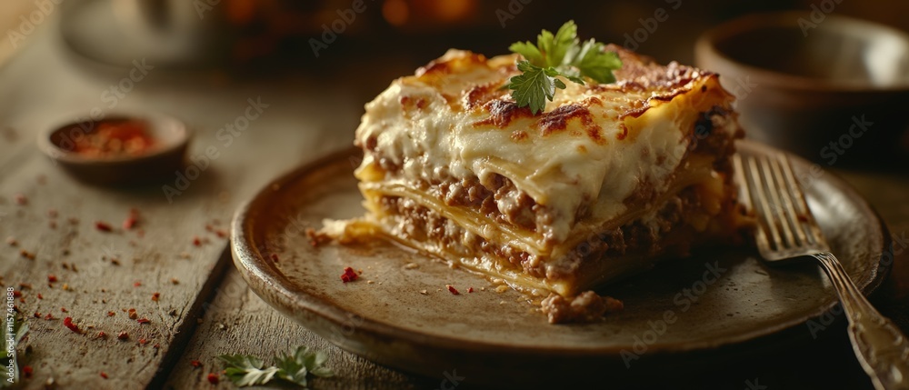 Delicious homemade lasagna on a rustic plate, topped with fresh herbs. Perfect for culinary blogs, recipe sites, and Italian cuisine enthusiasts. Delicious homemade lasagna on a rustic plate, topped with fresh herbs. Perfect for culinary blogs, recipe sites, and Italian cuisine enthusiasts.