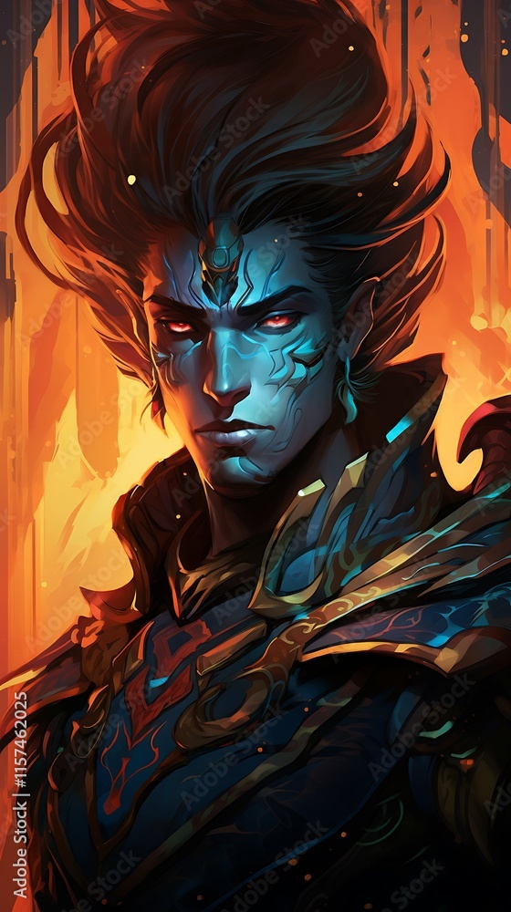A dramatic portrait of a character with blue skin and fiery background, exuding power. A dramatic portrait of a character with blue skin and fiery background, exuding power.