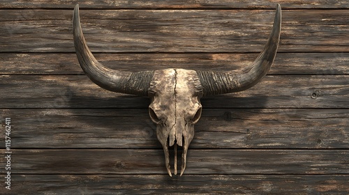 Rustic Buffalo Skull on Weathered Wooden Wall photo