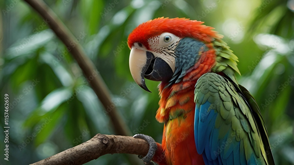 Obraz premium Vibrant Macaw Perched on Branch in Lush Forest