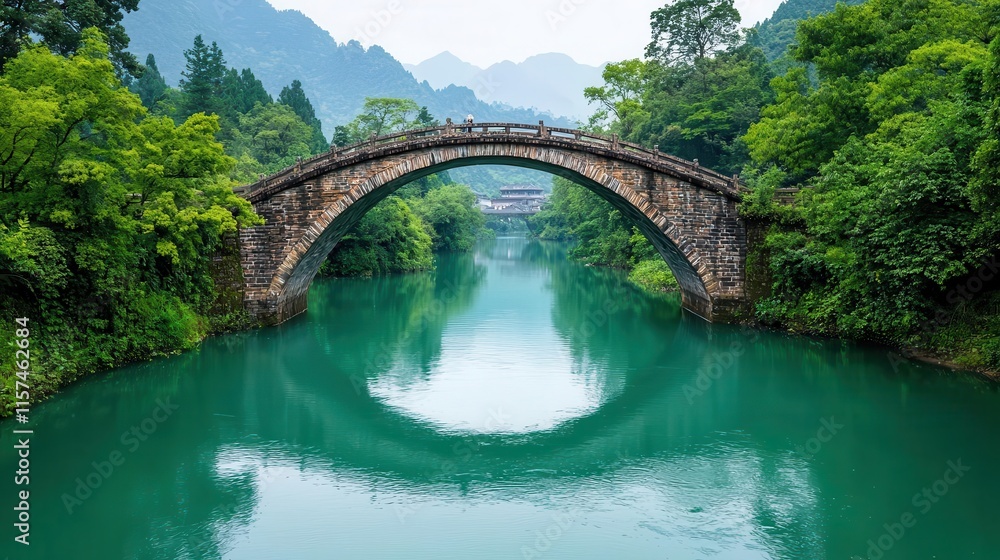 Fototapeta premium Multiarched brick bridge over a tranquil river, reflecting the rural village architecture nearby