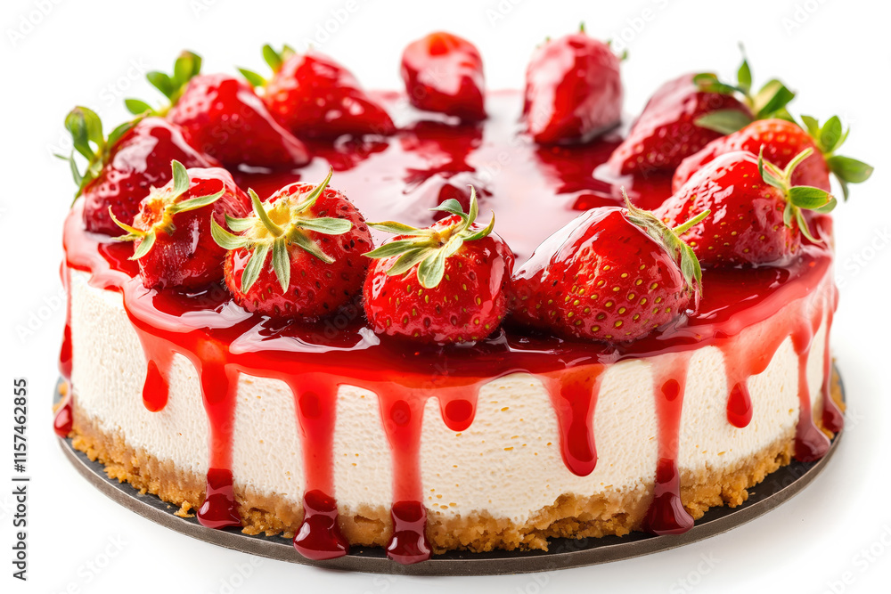Cheesecake topped with fresh strawberries and vibrant red strawberry sauce, elegantly presented with a graham cracker crust Cheesecake topped with fresh strawberries and vibrant red strawberry sauce, elegantly presented with a graham cracker crust