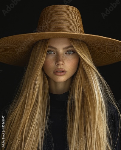 Elegant woman with long blonde hair wearing a wide-brimmed straw hat against a dark background – perfect for fashion campaigns, beauty editorials, or luxury branding
