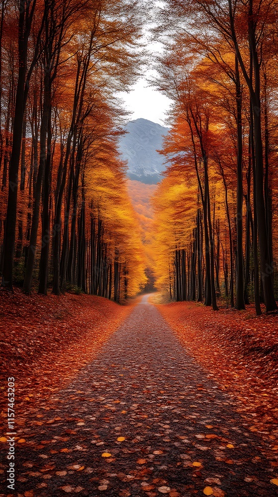 Fototapeta premium Autumnal road through vibrant forest.
