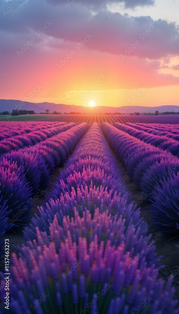 Lavender field stretches towards horizon at sunset. Rows of purple flowers glow in warm light. Rural scene. Agricultural landscape. Calm, beautiful. Evening sky colourful, dramatic. Ideal for travel Lavender field stretches towards horizon at sunset. Rows of purple flowers glow in warm light. Rural scene. Agricultural landscape. Calm, beautiful. Evening sky colourful, dramatic. Ideal for travel