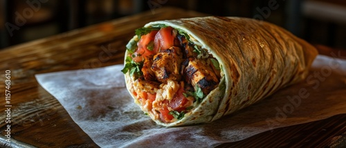 Delicious wrap with grilled chicken, fresh vegetables, and savory sauces on a rustic wooden table, ideal for healthy meal prep and food photography. photo