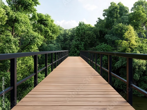 Steel suspension bridge with wooden decking, crossing a wide river in a rural park surrounded by towering trees