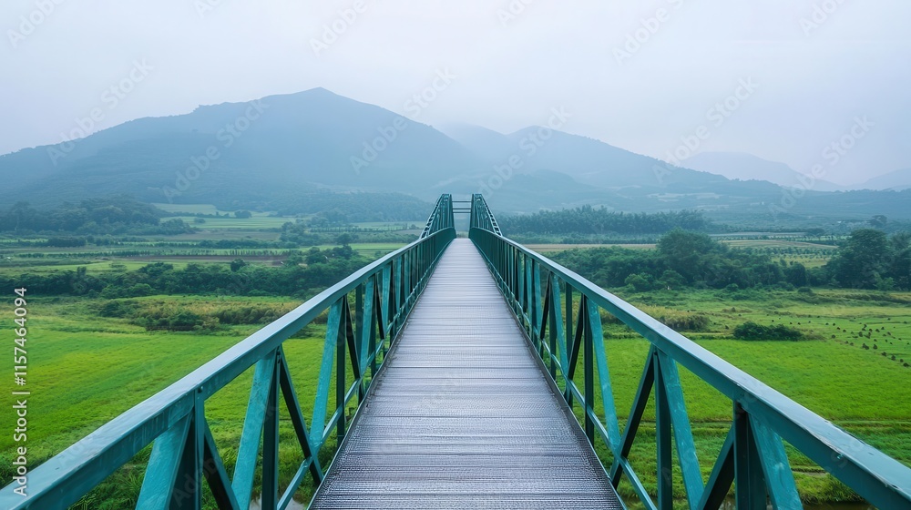 Modern steel bridge with minimalist design, contrasting with lush green farmlands and open fields below Modern steel bridge with minimalist design, contrasting with lush green farmlands and open fields below