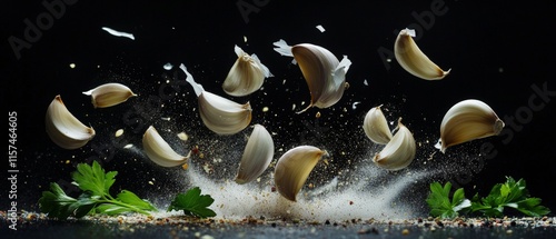 Explosive garlic cloves mid-air, showcasing culinary creativity with fresh ingredients on a dark background. Perfect for cooking, flavor, and food art themes. photo